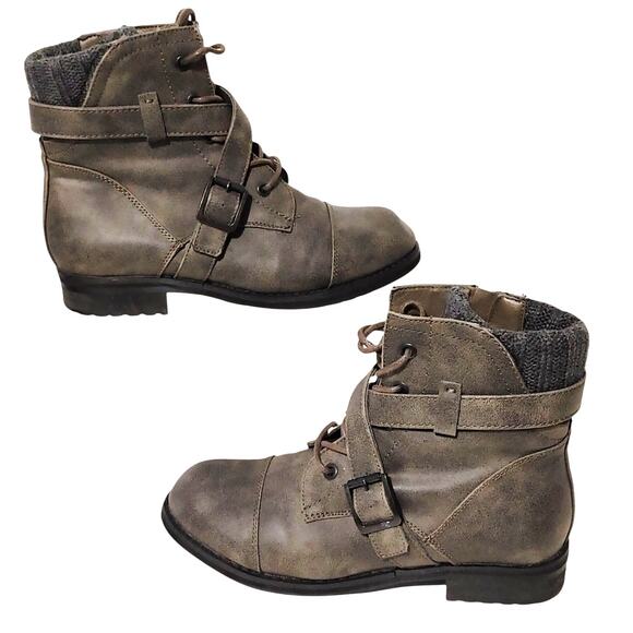 Lane Bryant Ankle Boots Buckle Lace Up Side Zip Leather Olive Green Womens 7M - Picture 1 of 7